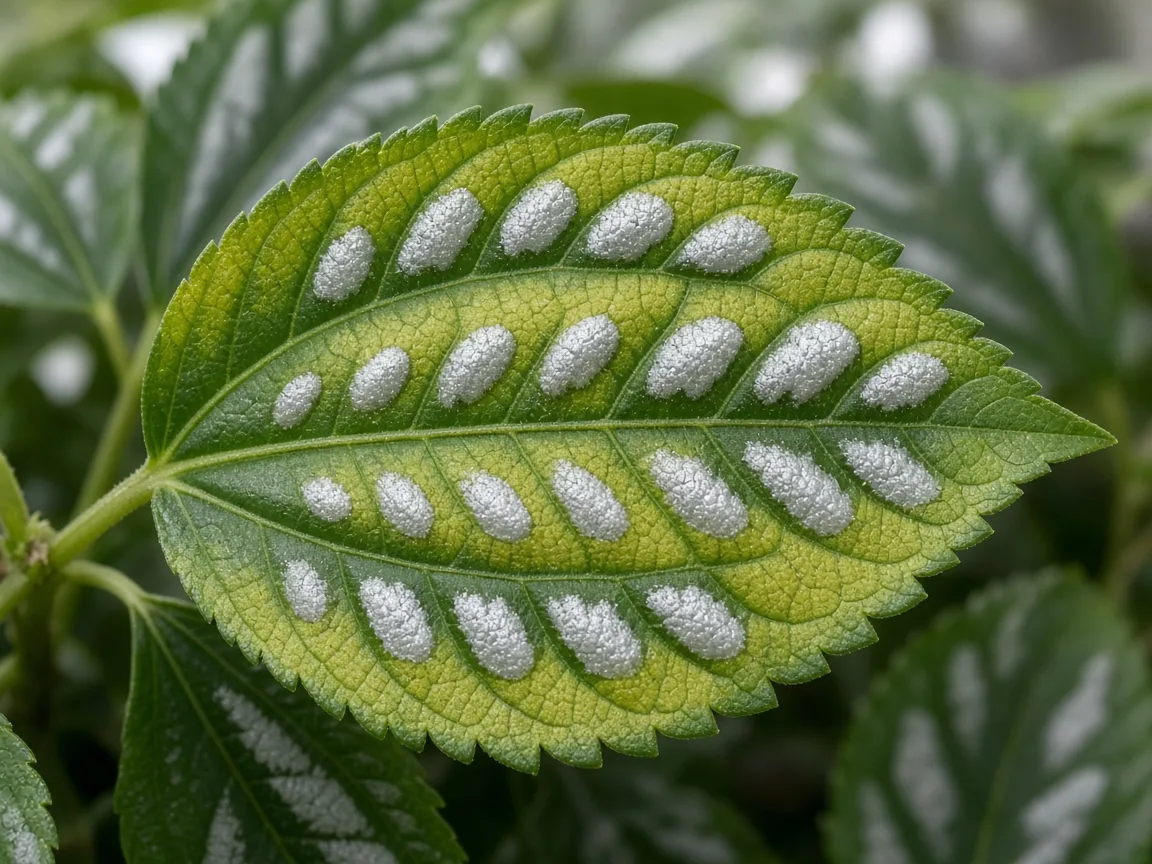 Close-up of interveinal chlorosis on older aluminum plant oval leaf with silver patches