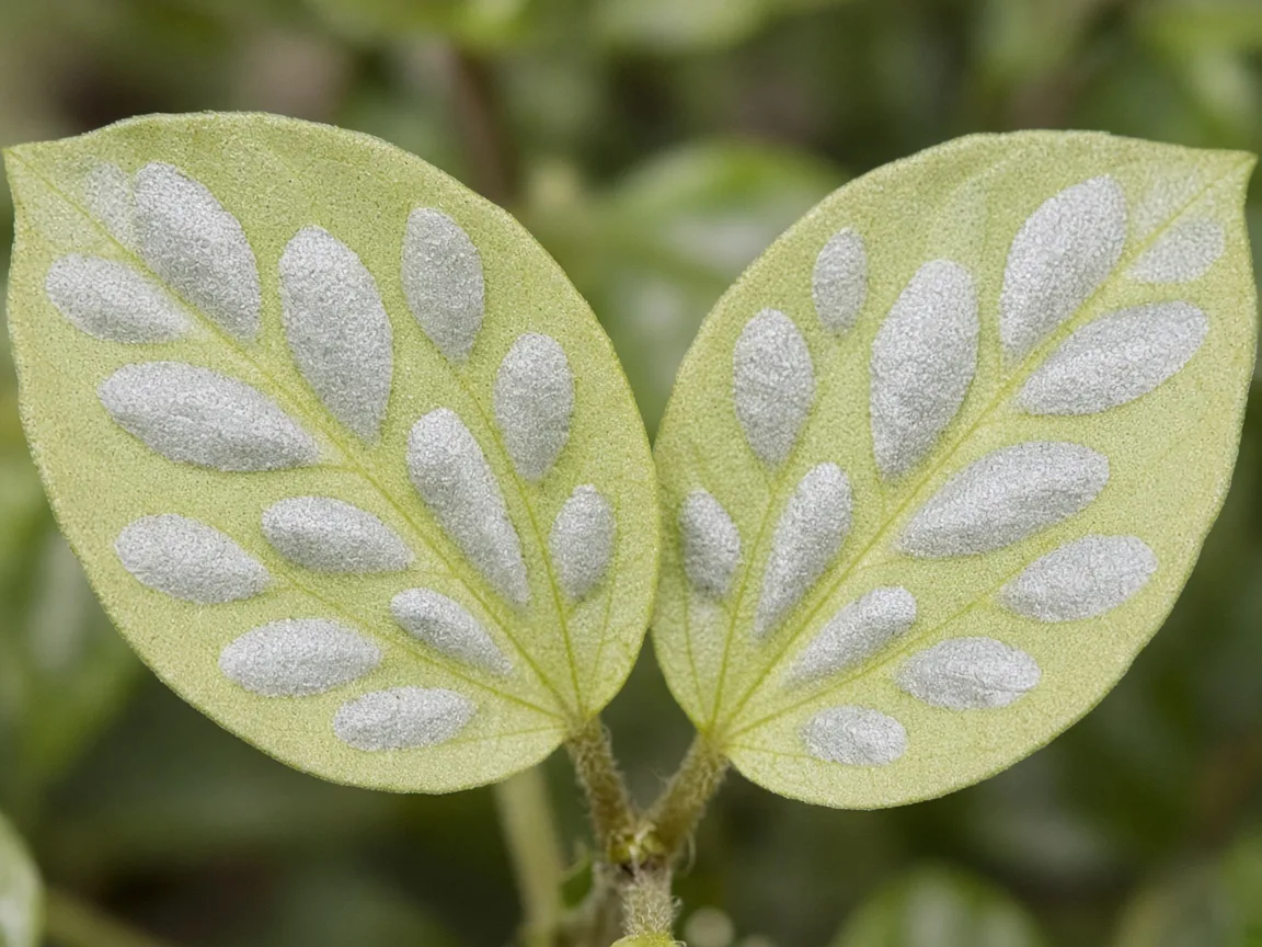 Close-up of nitrogen deficiency on aluminum plant - uniform pale yellow-green on oldest lower opposite leaf pair with dull silver banding