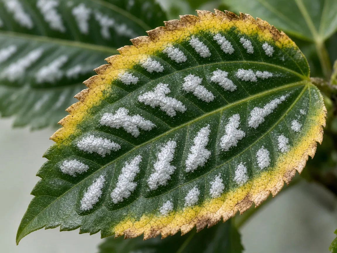 Close-up of potassium deficiency on Aluminum Plant - marginal scorch along serrated edge of silver-banded leaf