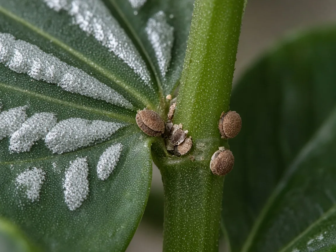 Close-up of tan scale insect bumps on an Aluminum Plant stem and leaf axil