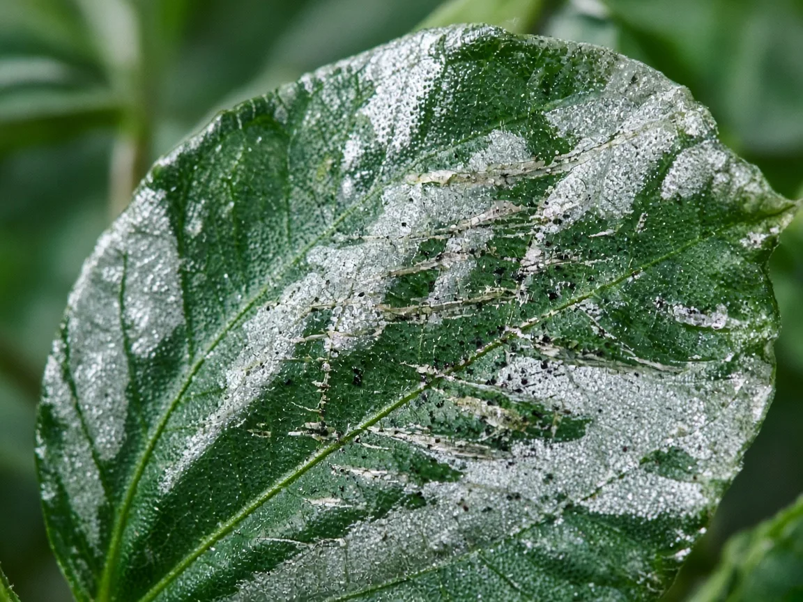 Close-up of thrips damage on Aluminum Plant - silvery scrape marks in green tissue between silver leaf bands