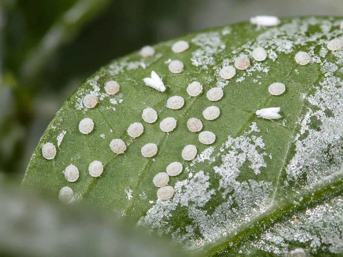 Close-up of whitefly nymph disks on the underside of a silver-marked Aluminum Plant leaf