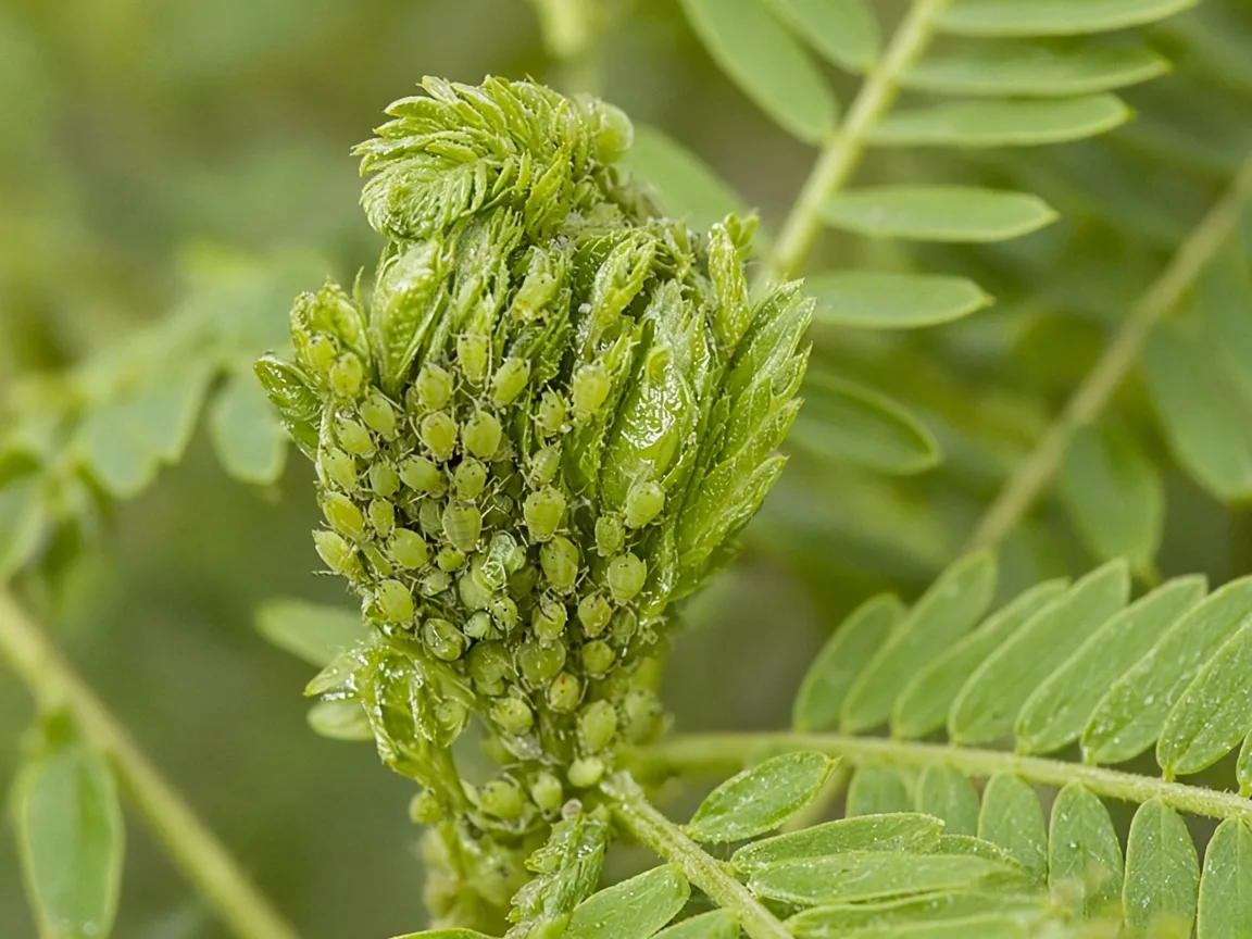 Close-up of soft green aphids clustered on feathery new Amla branchlet leaves