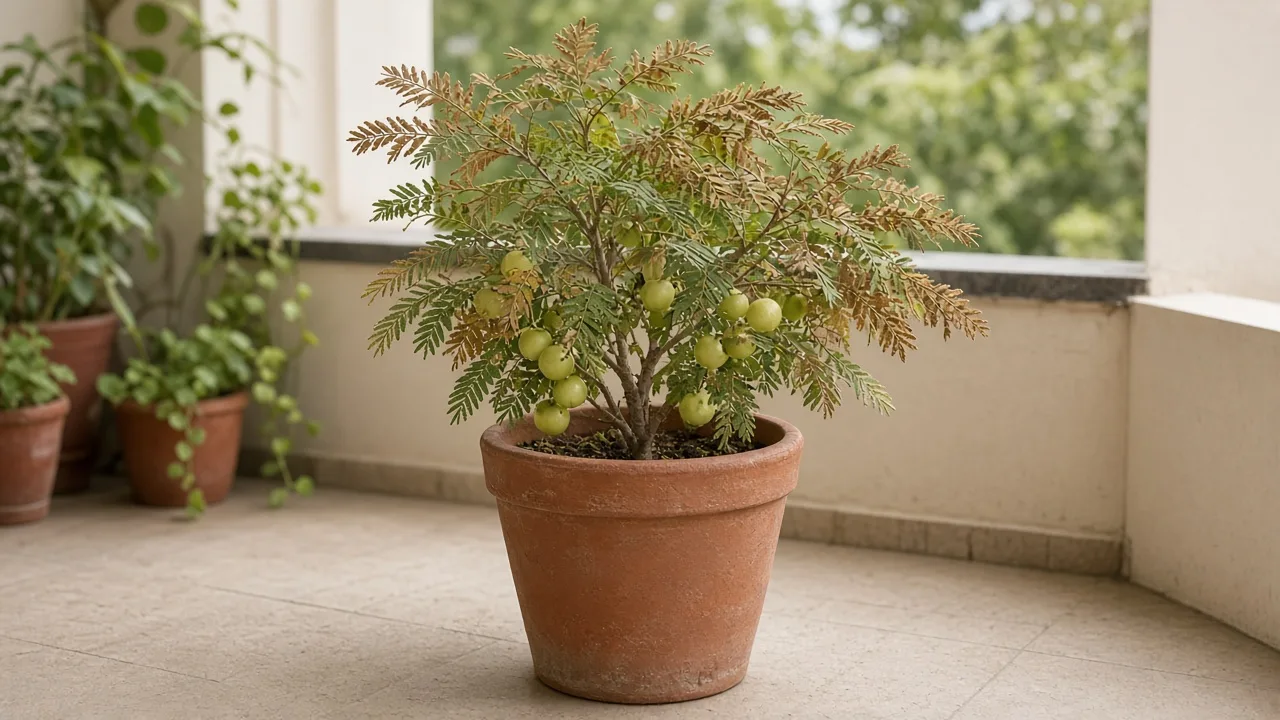Brown Leaves on Amla - feathery branchlets with necrotic brown leaflets on a container tree