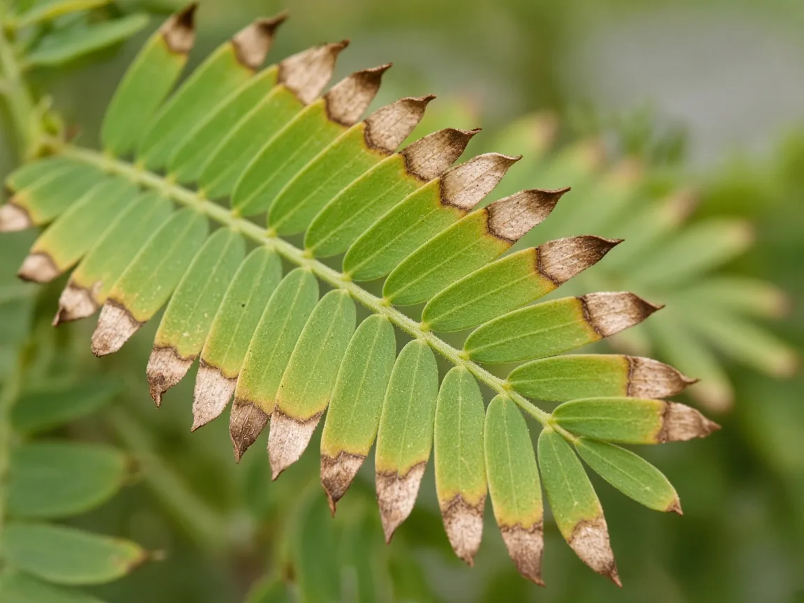 Close-up of brown tips on amla - diagnostic detail