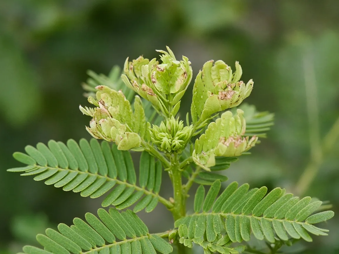 Close-up of cupped margin-burned new Amla pinnae on branchlet tip