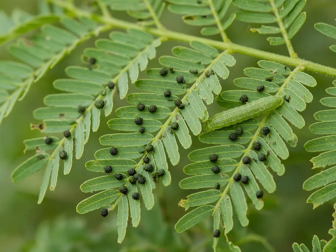 Close-up of caterpillar chew damage on feathery Amla branchlet leaflets
