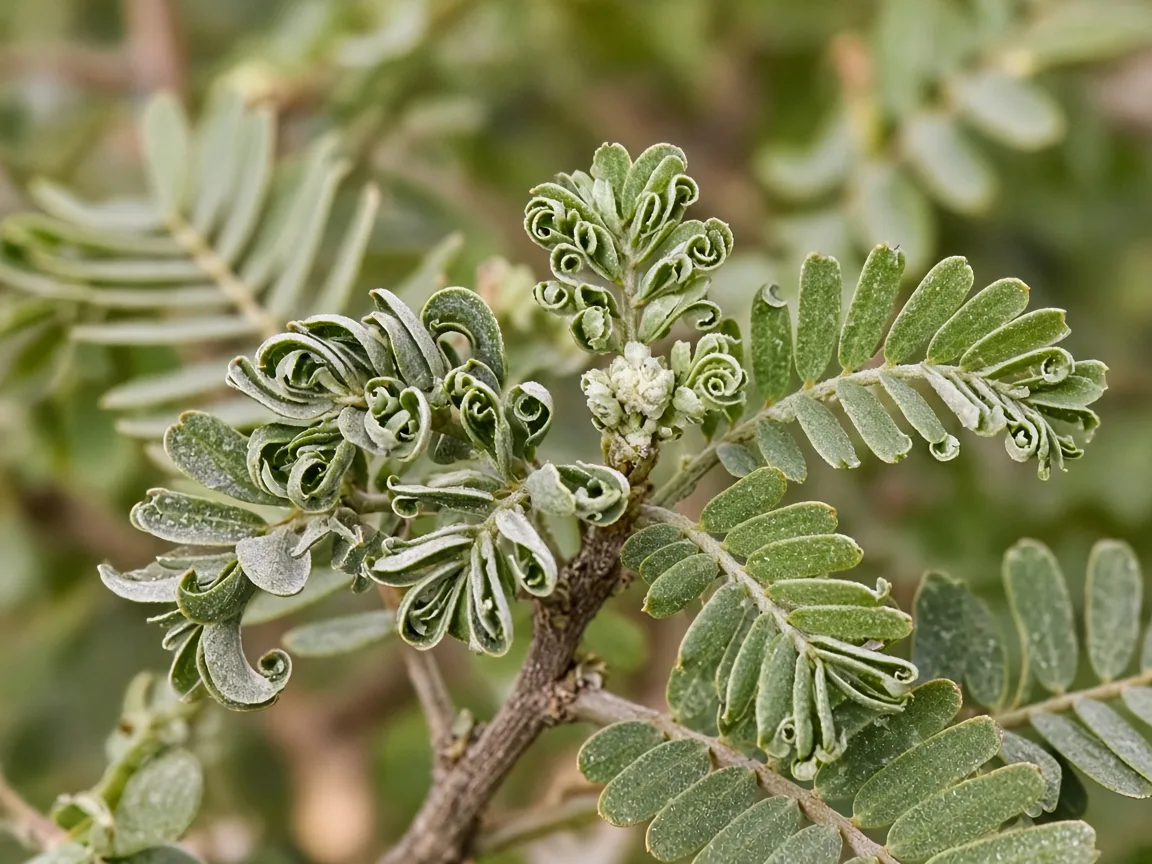 Close-up of cupped feathery leaflets on a curled Amla branchlet tip