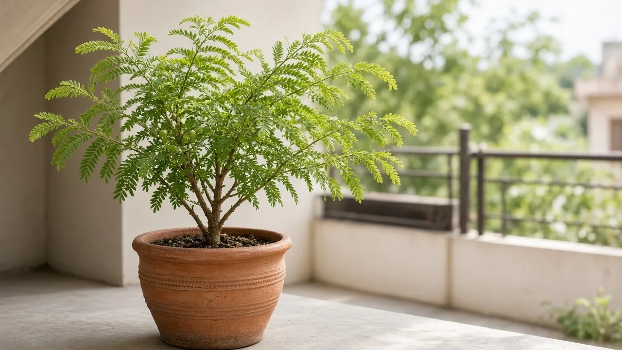 Curling leaves on Amla - cupped feathery branchlet foliage on a terrace pot
