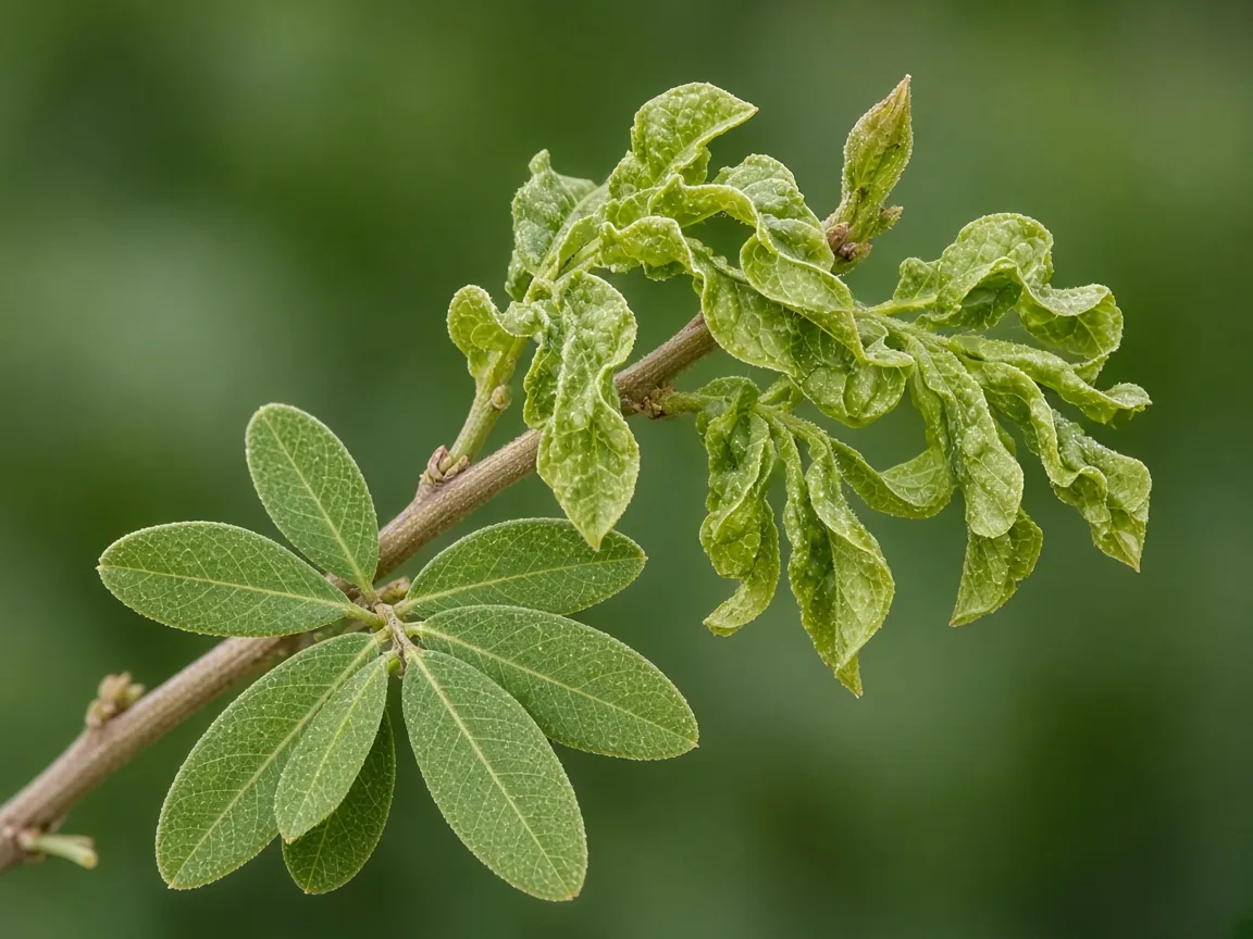 Close-up of puckered and twisted feathery leaflets on a new Amla branchlet tip
