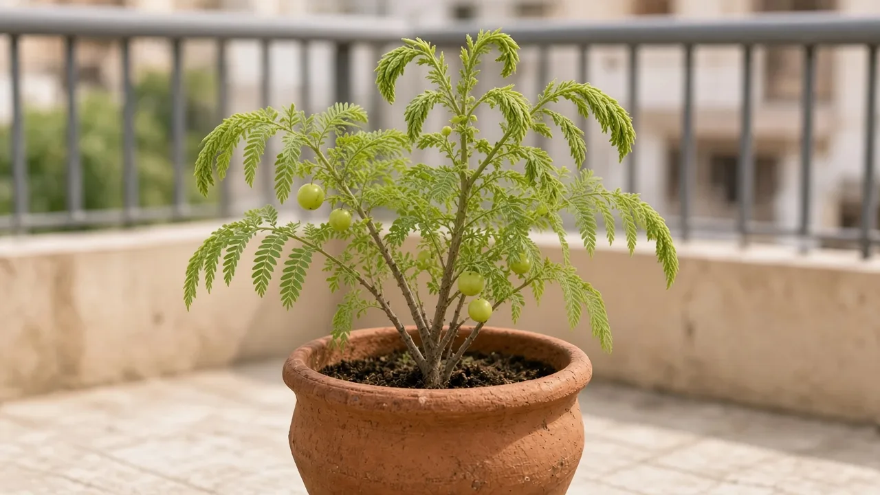 Drooping leaves on Amla - limp feathery branchlets on a terrace container tree