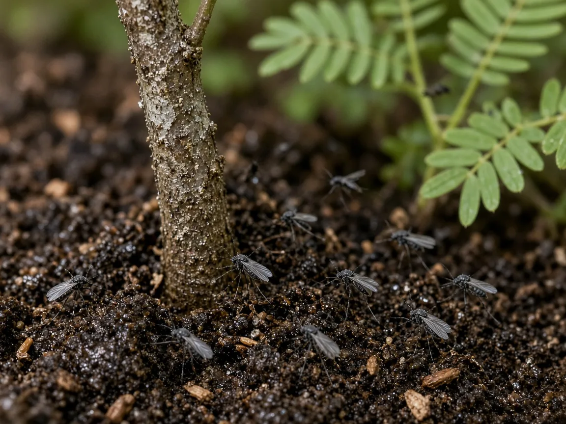 Close-up of fungus gnats on damp potting mix at the base of an Amla sapling stem