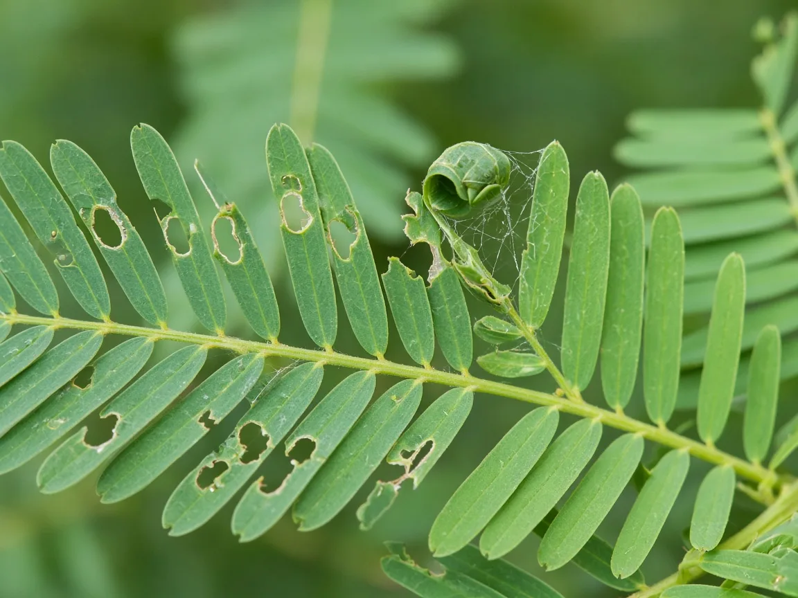 Close-up of holes in leaves on Amla - chewed feathery leaflets with ragged edges