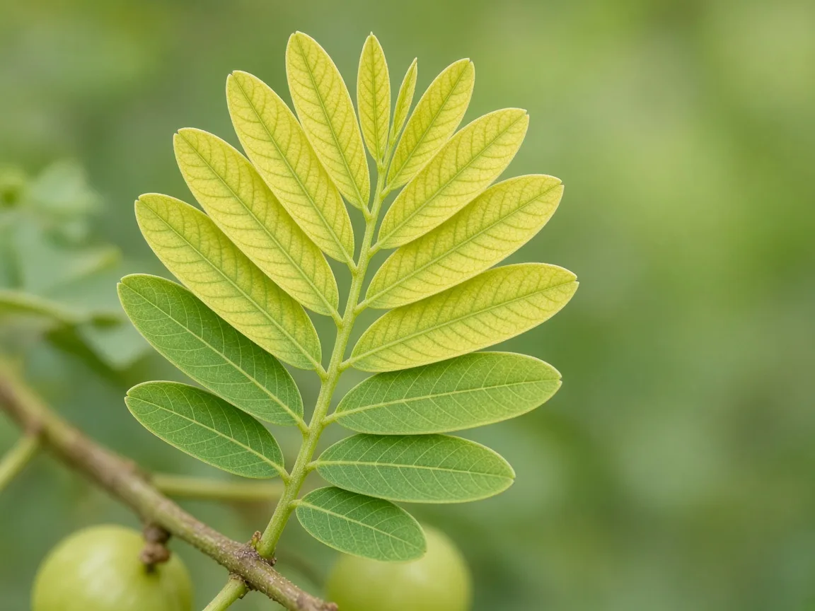 Close-up of interveinal chlorosis on new Amla feathery branchlet leaves