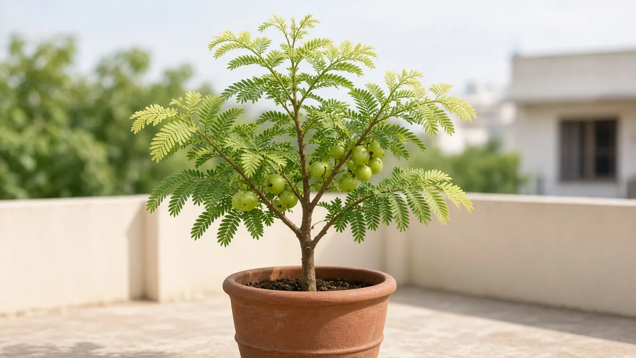 Iron deficiency on Amla - pale feathery new branchlet leaves with green veins on a sunny terrace pot