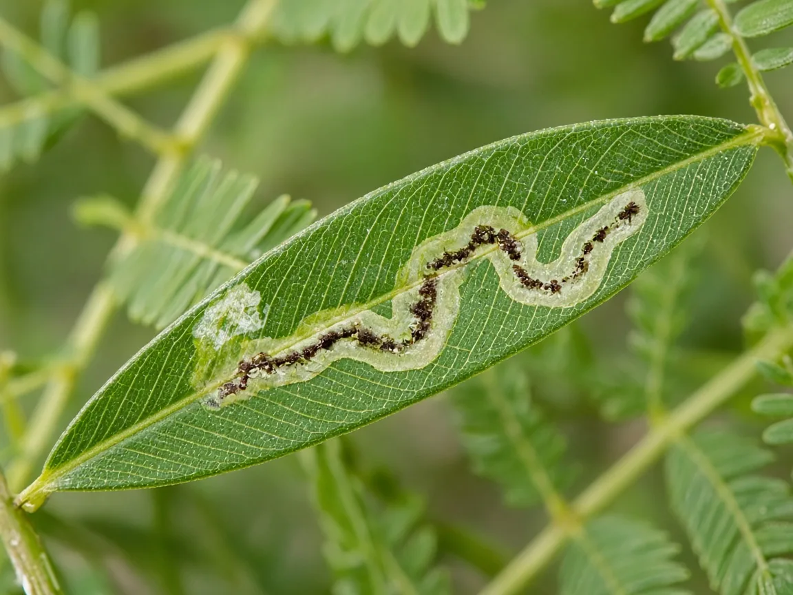 Close-up of leaf miner serpentine tunnel inside feathery Amla branchlet leaflet