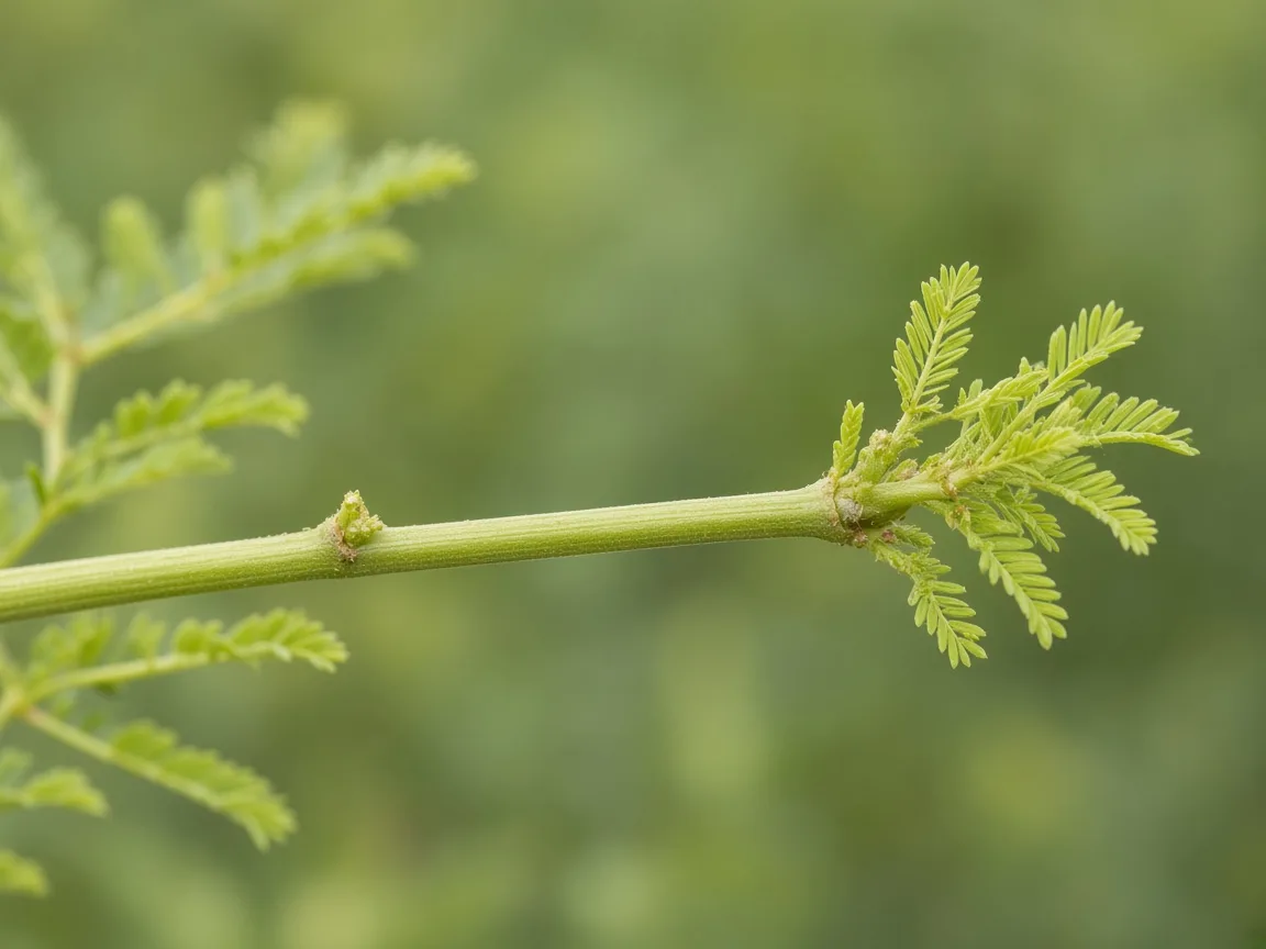 Close-up of long bare amla branchlet with feathery leaves clustered only at the tip
