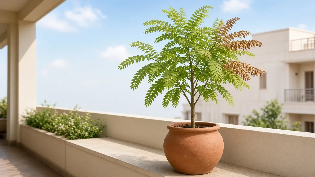 Low humidity on amla - crisp leaflet tips on feathery Indian gooseberry branchlets in a terrace pot