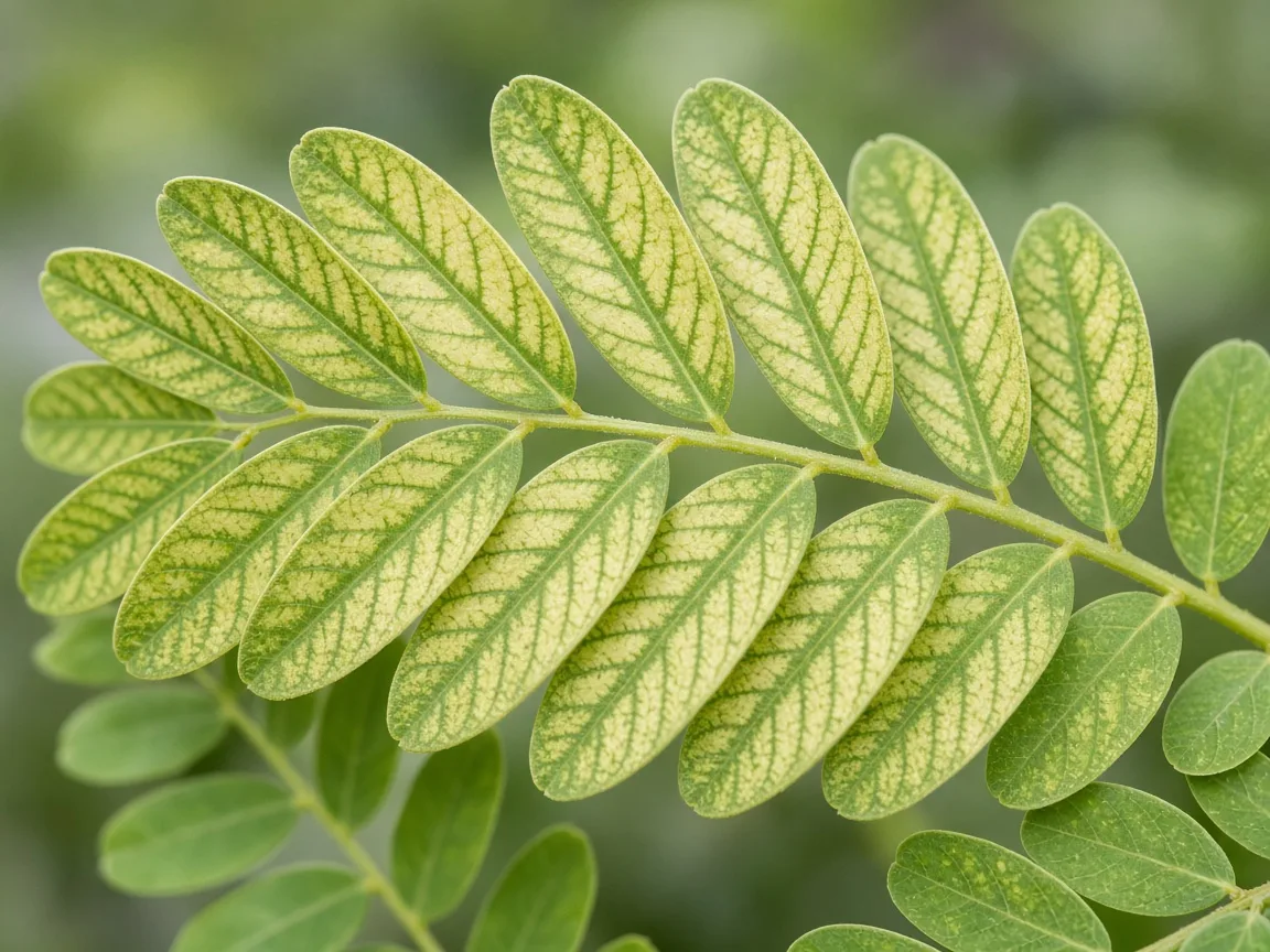 Close-up of interveinal chlorosis on older Amla feathery leaflets