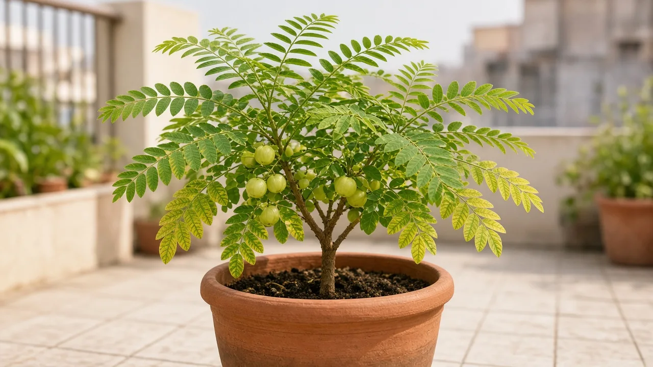 Magnesium deficiency on Amla - yellow between green veins on older feathery leaflets