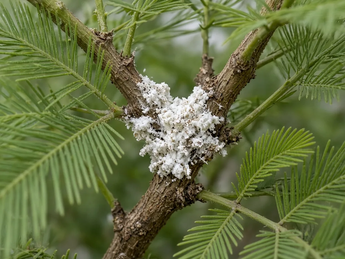 Close-up of white cottony mealybug clusters nestled in an Amla branchlet axil