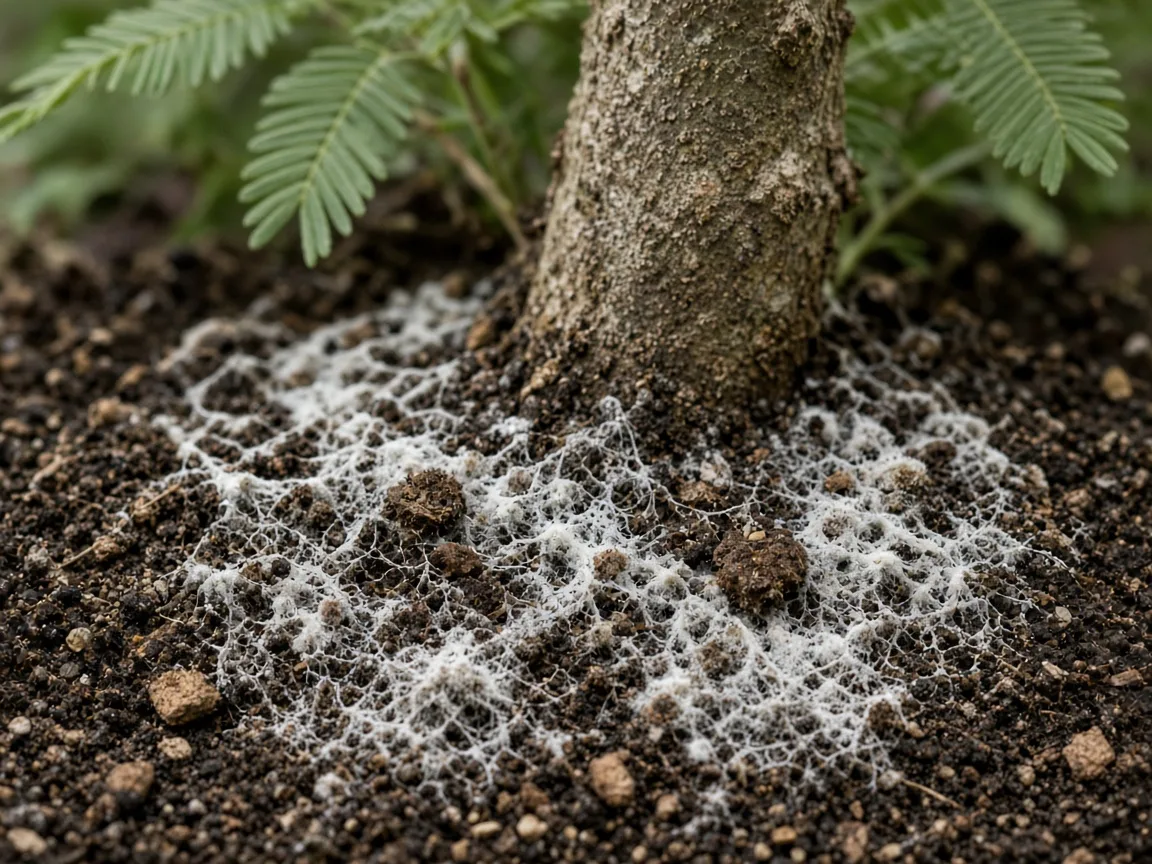 Close-up of mold on soil on Amla - white fuzzy threads on damp sandy loam at the trunk base