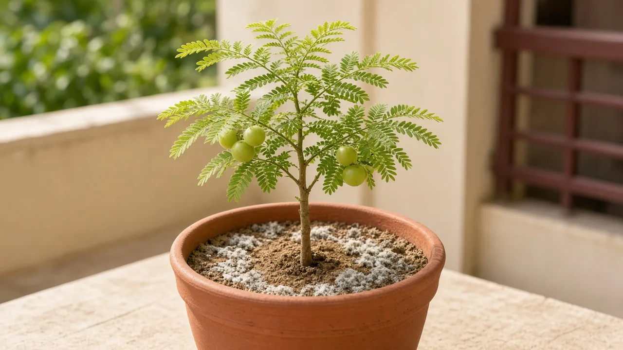 Mold on soil on Amla - white fuzzy growth on damp potting mix at the base of feathery Indian gooseberry foliage