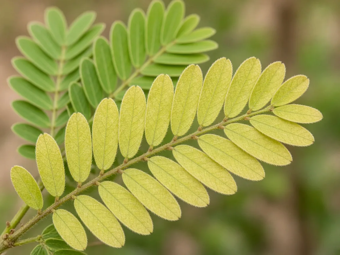 Close-up of nitrogen deficiency on Amla - uniform pale yellow-green on oldest lower feathery branchlet