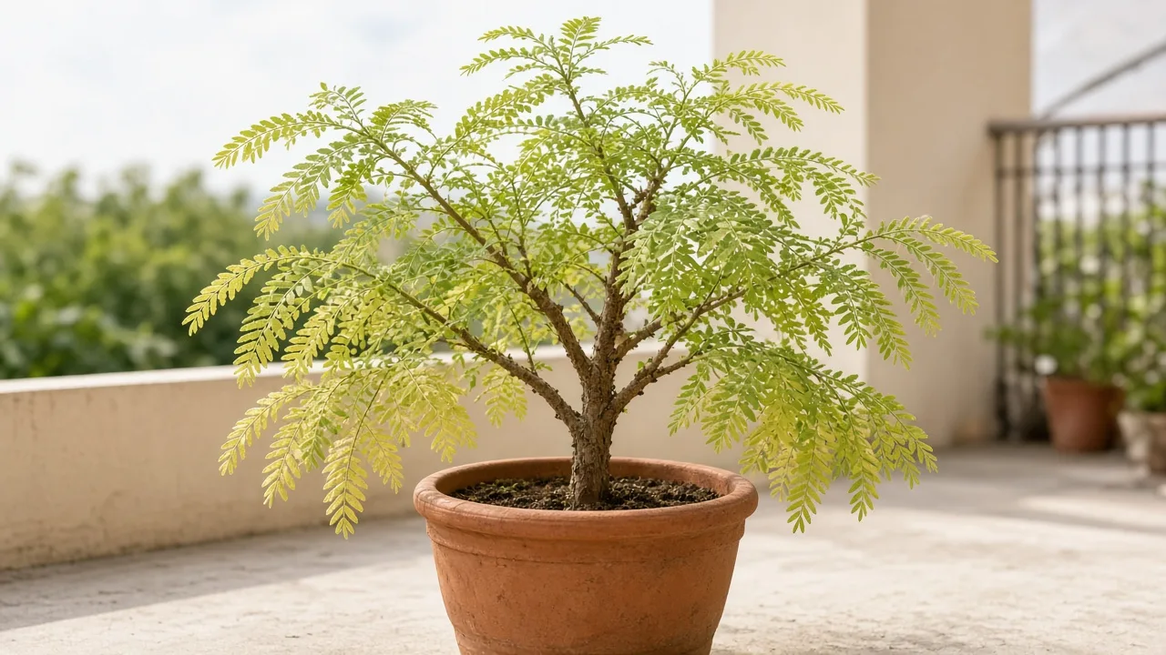 Nitrogen deficiency on Amla - oldest lower feathery branchlets uniformly pale yellow-green on a sunny terrace pot