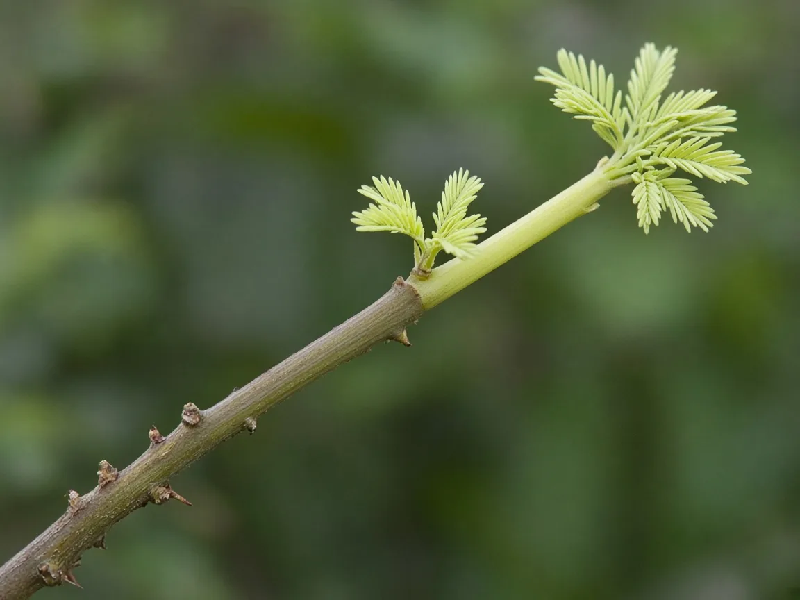 Close-up of pale sparse feathery amla branchlets clustered at tips with long bare gaps below