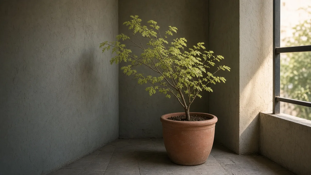 Not enough light on amla - sparse Indian gooseberry with pale feathery leaves leaning toward a sunny terrace wall