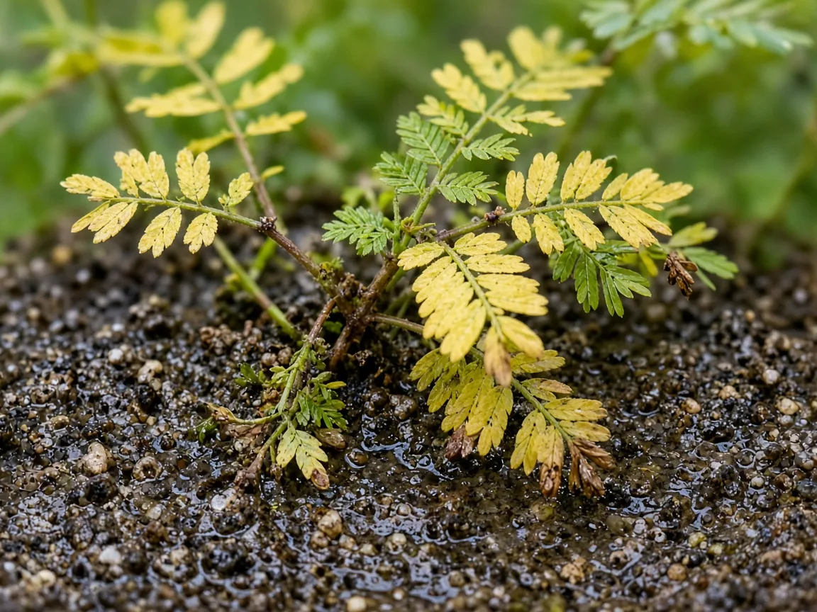 Close-up of yellowing feathery Amla leaves and damp compacted soil at the trunk base