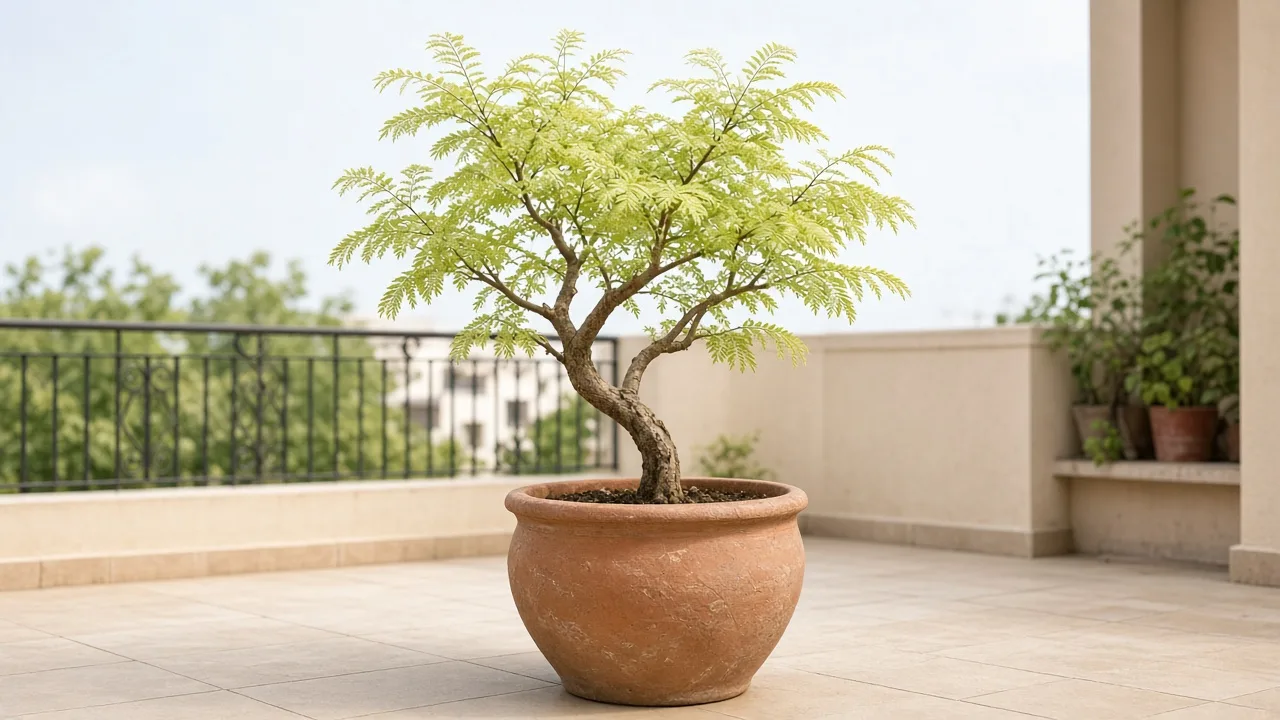 Pale leaves on Amla - washed-out lime-green feathery branchlets on a terrace pot