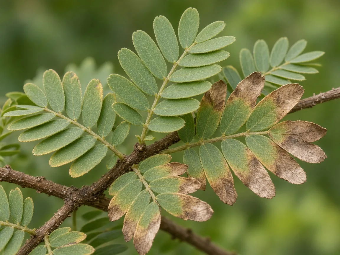 Close-up of scorched margins on older Amla feathery leaflets