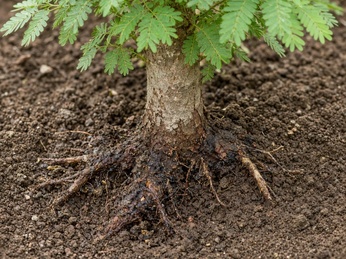 Close-up of mushy brown roots and damp compacted soil at the base of an Amla tree