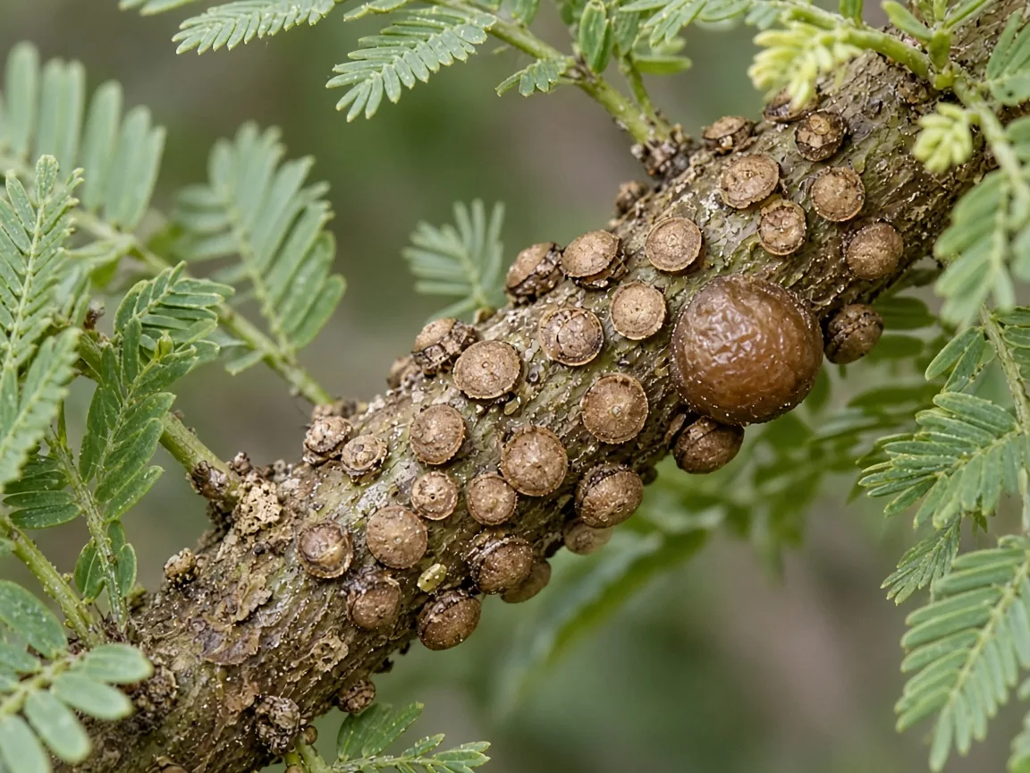 Close-up of tan scale insect shells fixed to an Amla woody branchlet