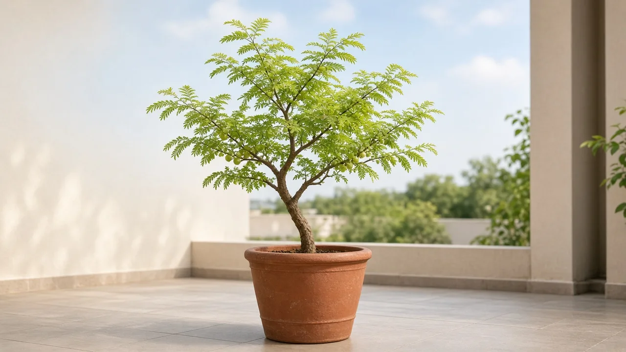 Slow growth on amla - firm Indian gooseberry tree with sparse new branchlet flush on a sunny terrace