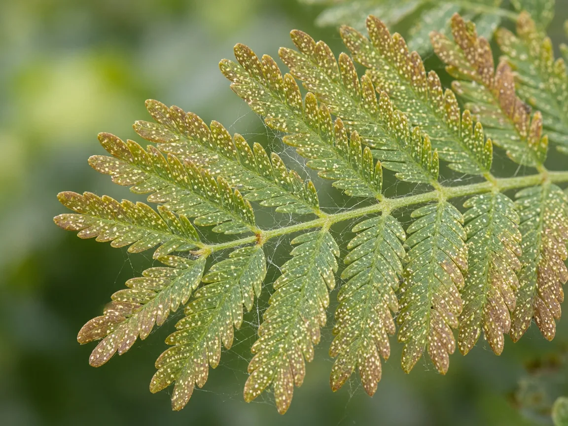 Close-up of pale stippling and fine webbing between feathery Amla leaflets