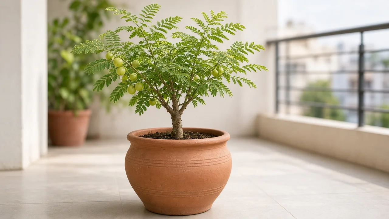 Spider mites on Amla - stippled feathery branchlet foliage with fine webbing on a terrace pot