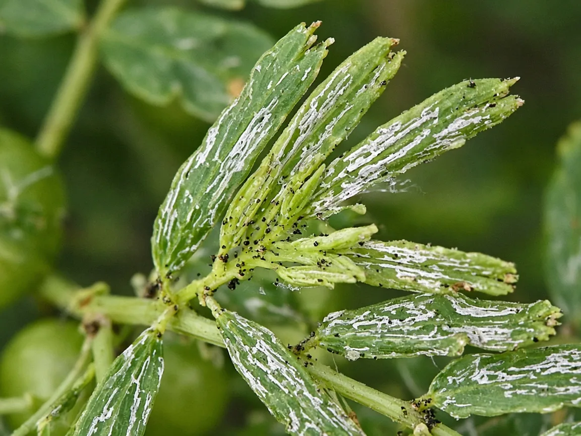 Close-up of silvery thrips damage on feathery Amla branchlet leaflets with tiny black frass specks
