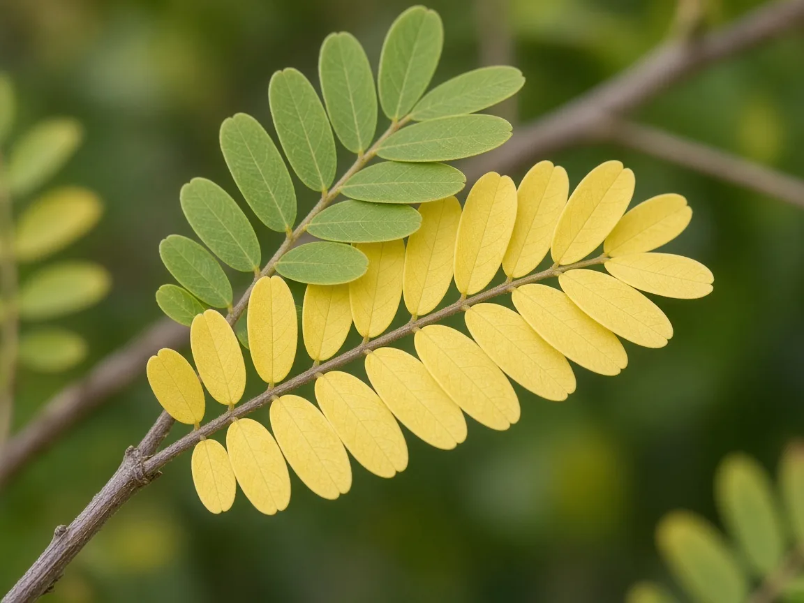 Close-up of yellowing feathery Amla branchlet leaflets