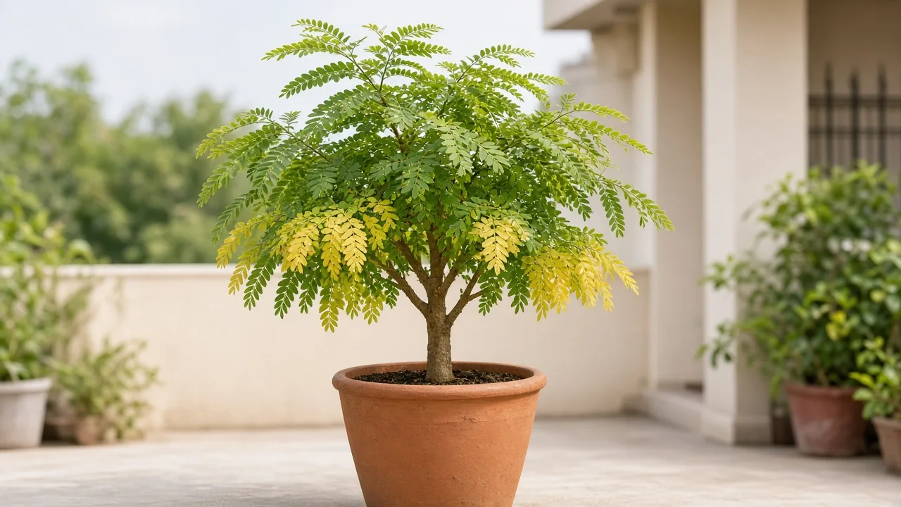Yellow leaves on Amla - lower feathery branchlets turning pale on a sunny terrace pot with firm wood