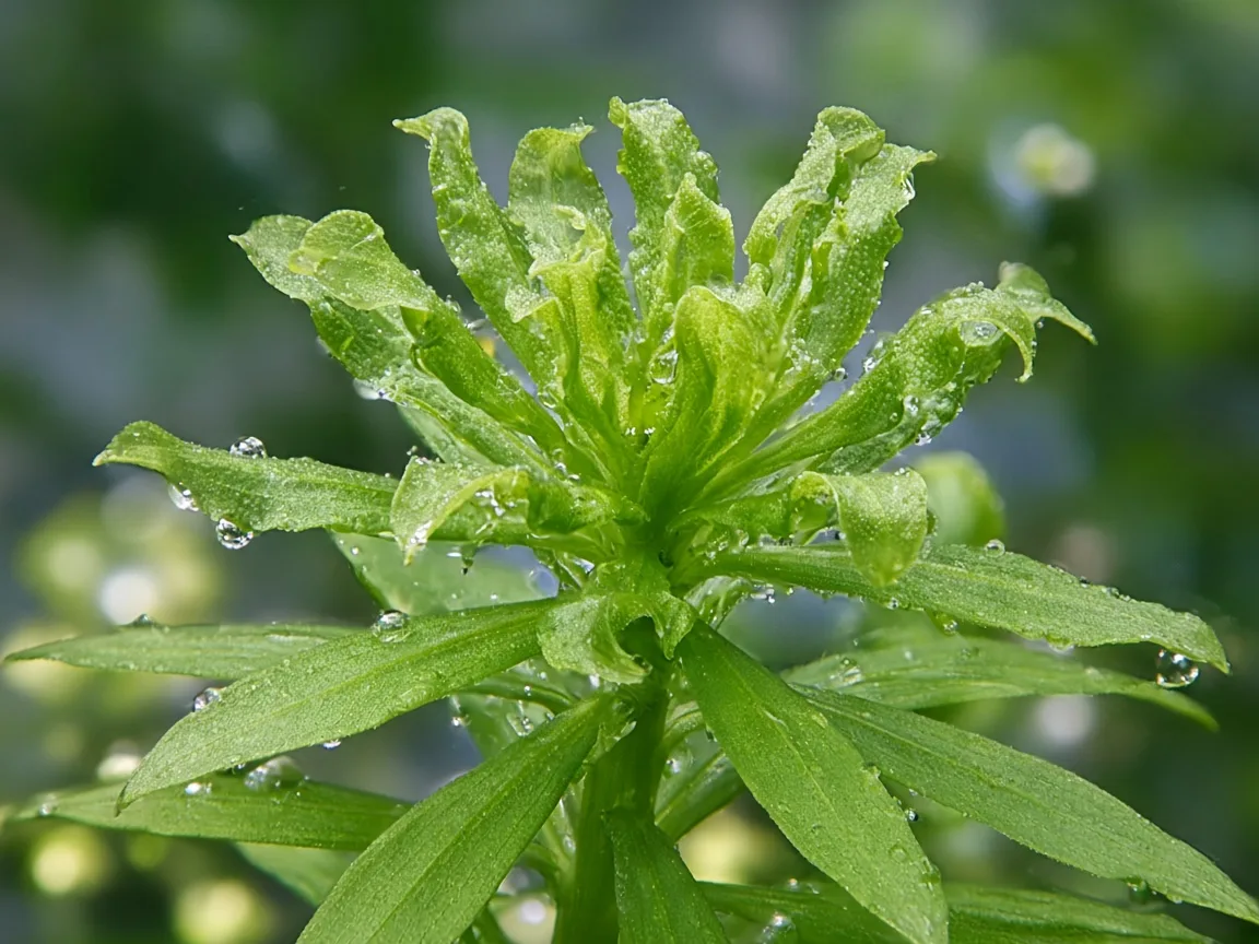 Close-up of calcium deficiency on Anacharis / Elodea - cupped and crinkled new whorl at stem tip