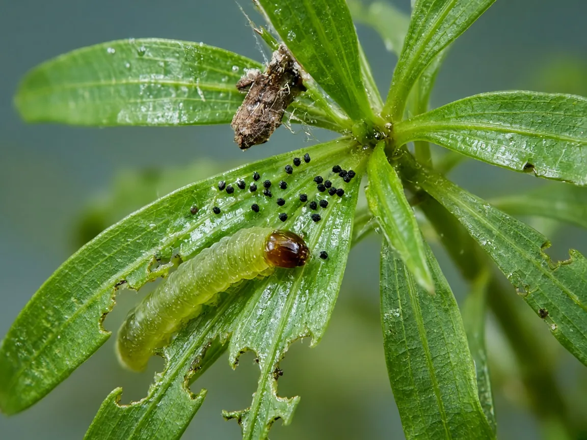Close-up of Caterpillars on Anacharis / Elodea - diagnostic detail