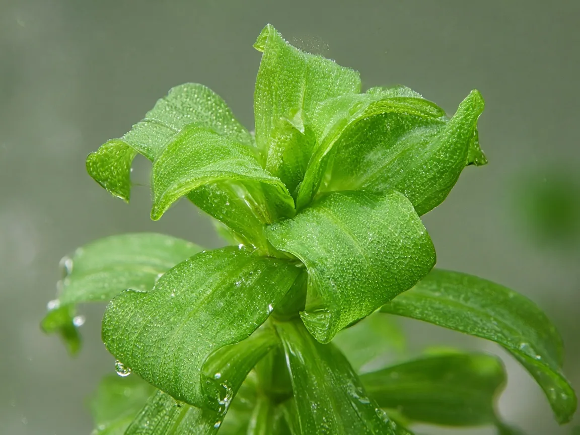 Close-up of distorted leaves on Anacharis / Elodea - cupped crinkled new whorl at stem tip