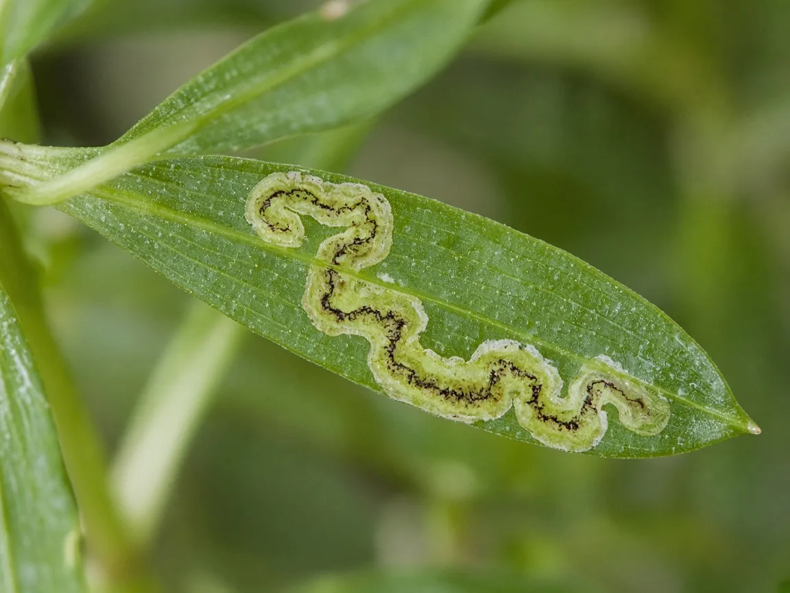 Close-up of leaf miner serpentine tunnel inside emersed Anacharis whorl leaf