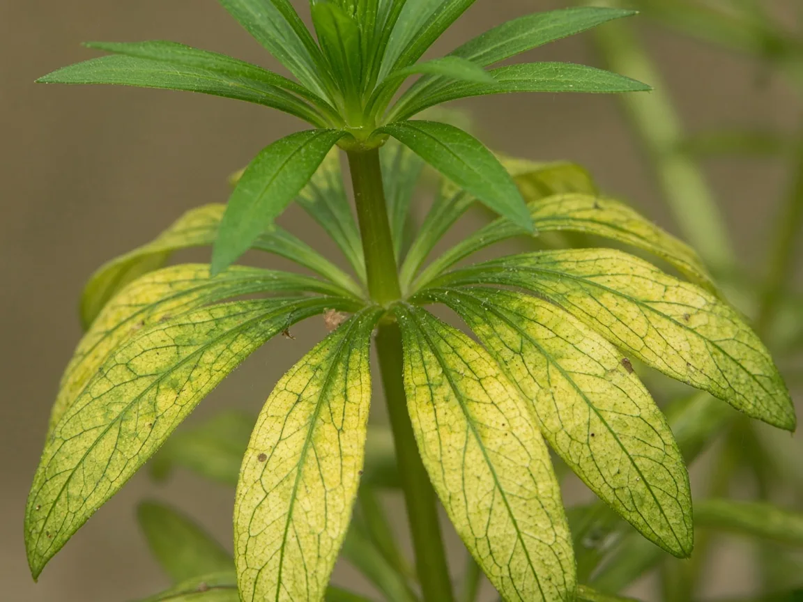 Close-up of magnesium deficiency on Anacharis / Elodea - interveinal chlorosis on older whorl with green veins