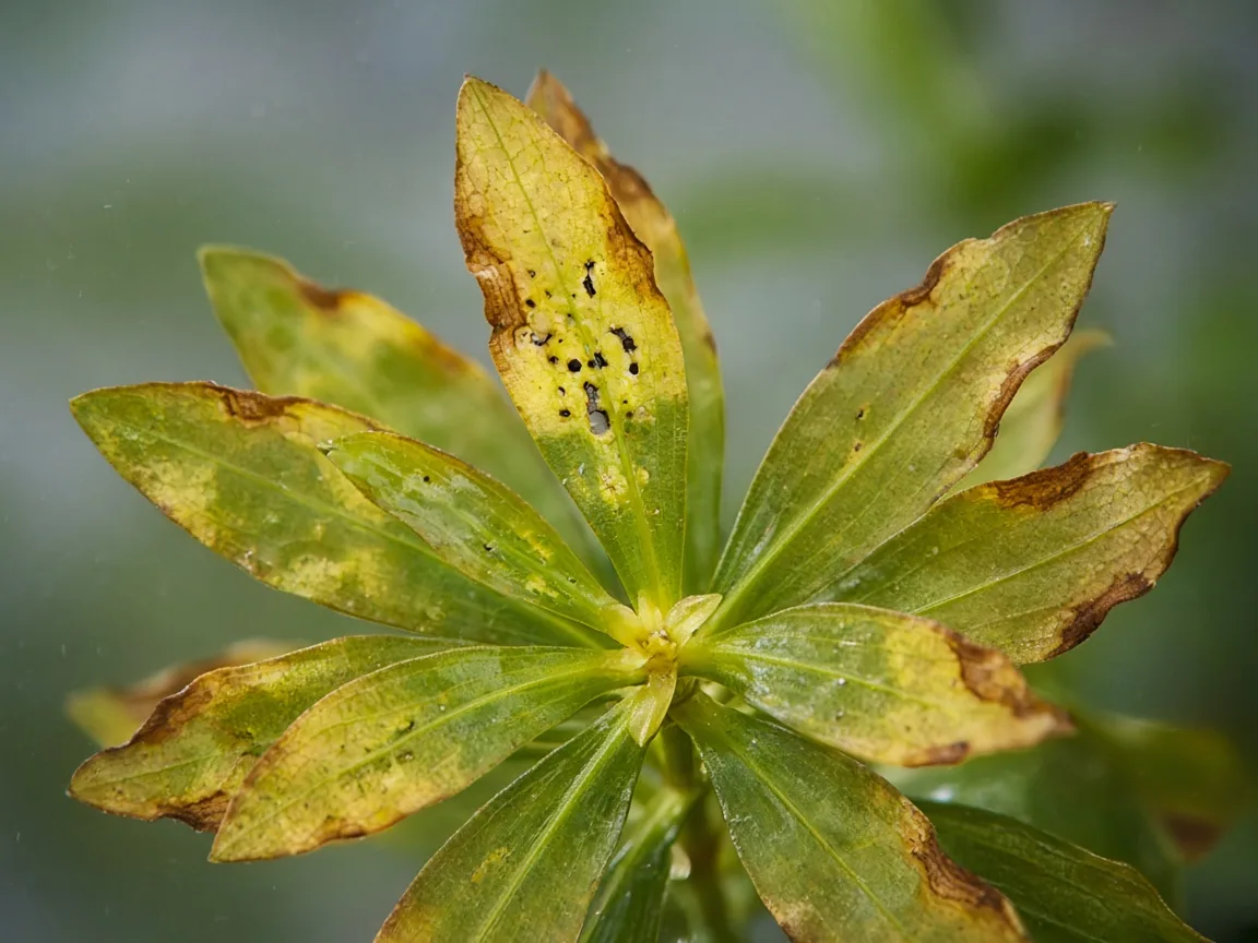 Close-up of potassium deficiency on Anacharis / Elodea - pinholes and yellow margins on an older submerged whorl