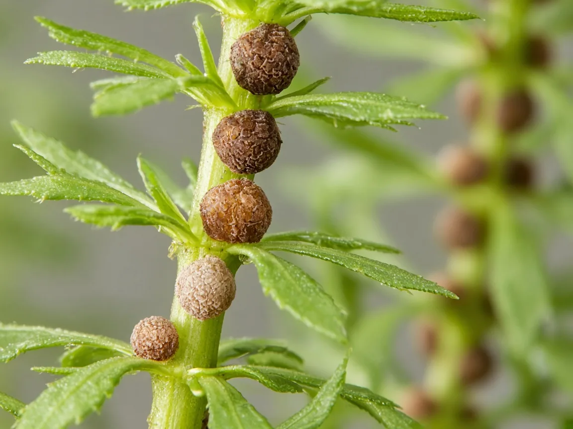 Close-up of scale insect bumps on emersed Anacharis stem nodes