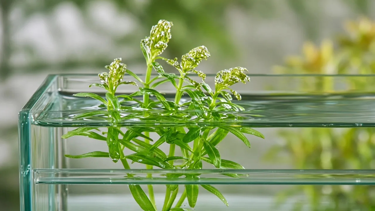 Thrips on Anacharis / Elodea - silver stippling on emersed stem tips above the waterline